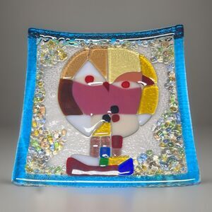 Handmade Fused Glass Tray Omaggio a Klee Abstract Modernist Square Art Dish EUC